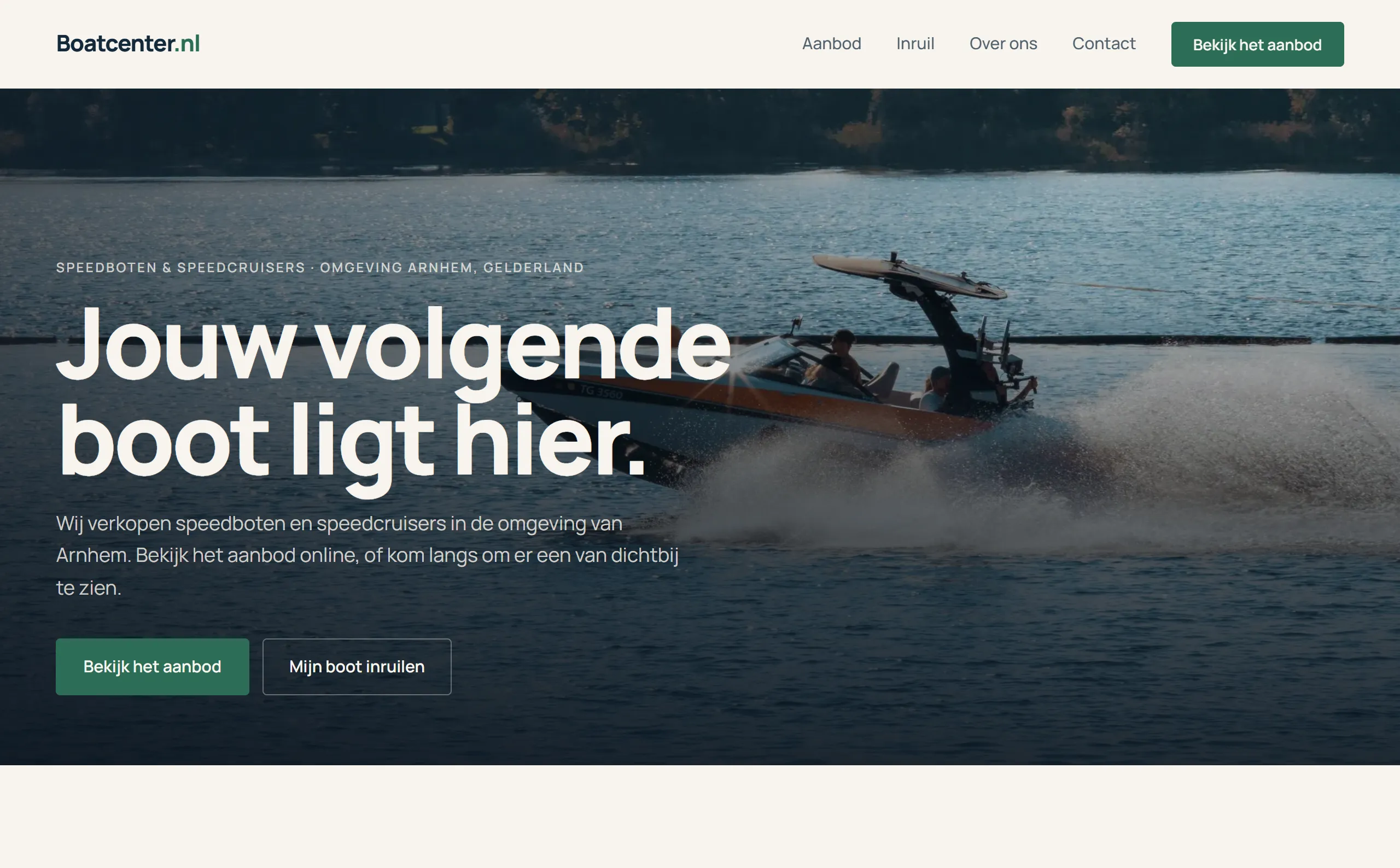 De website van Boatcenter.nl met de kop Jouw volgende boot ligt hier en knoppen naar het aanbod en de inruilpagina.