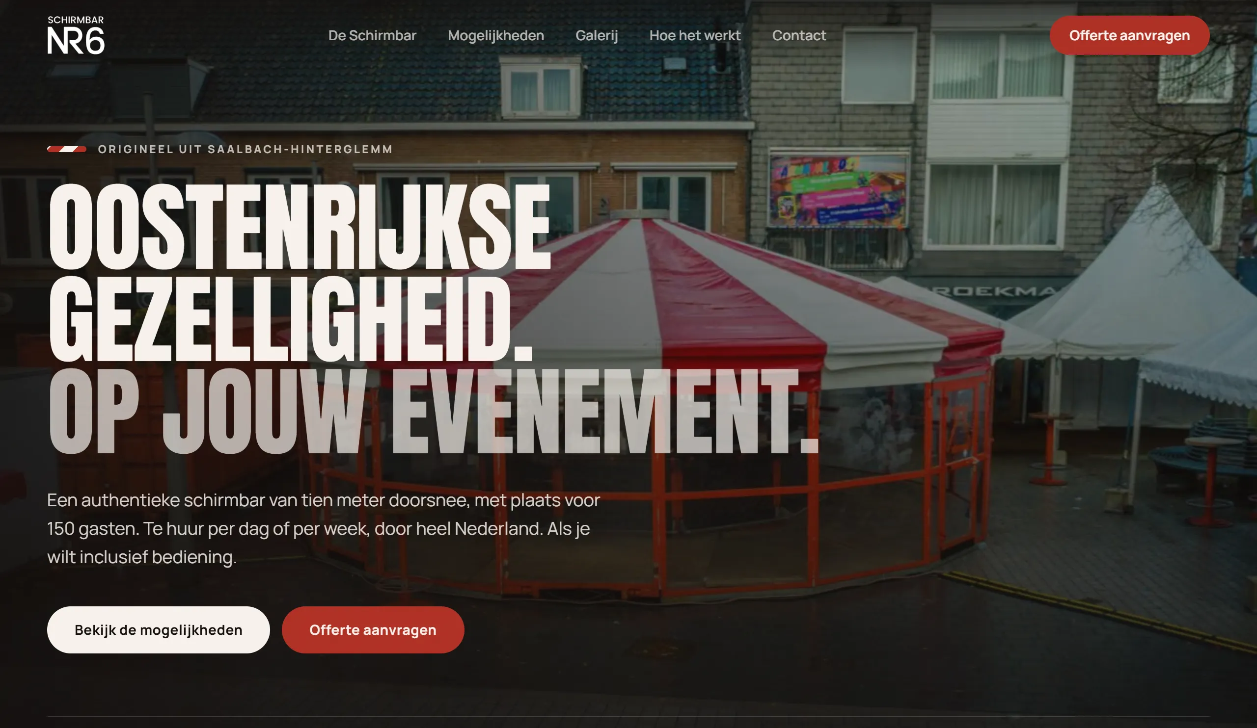 De nieuwe website van Schirmbar NR6: de kop Oostenrijkse gezelligheid op jouw evenement, met daaronder de maat en de capaciteit en een knop om een offerte aan te vragen.